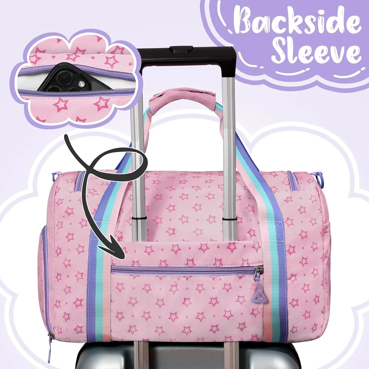 WOOMADA Travel Duffle Bag, Weekend Bag with Wet Pocket & Trolley Sleeve, Gym Dance Bag With Shoe Compartment(Star Pink)