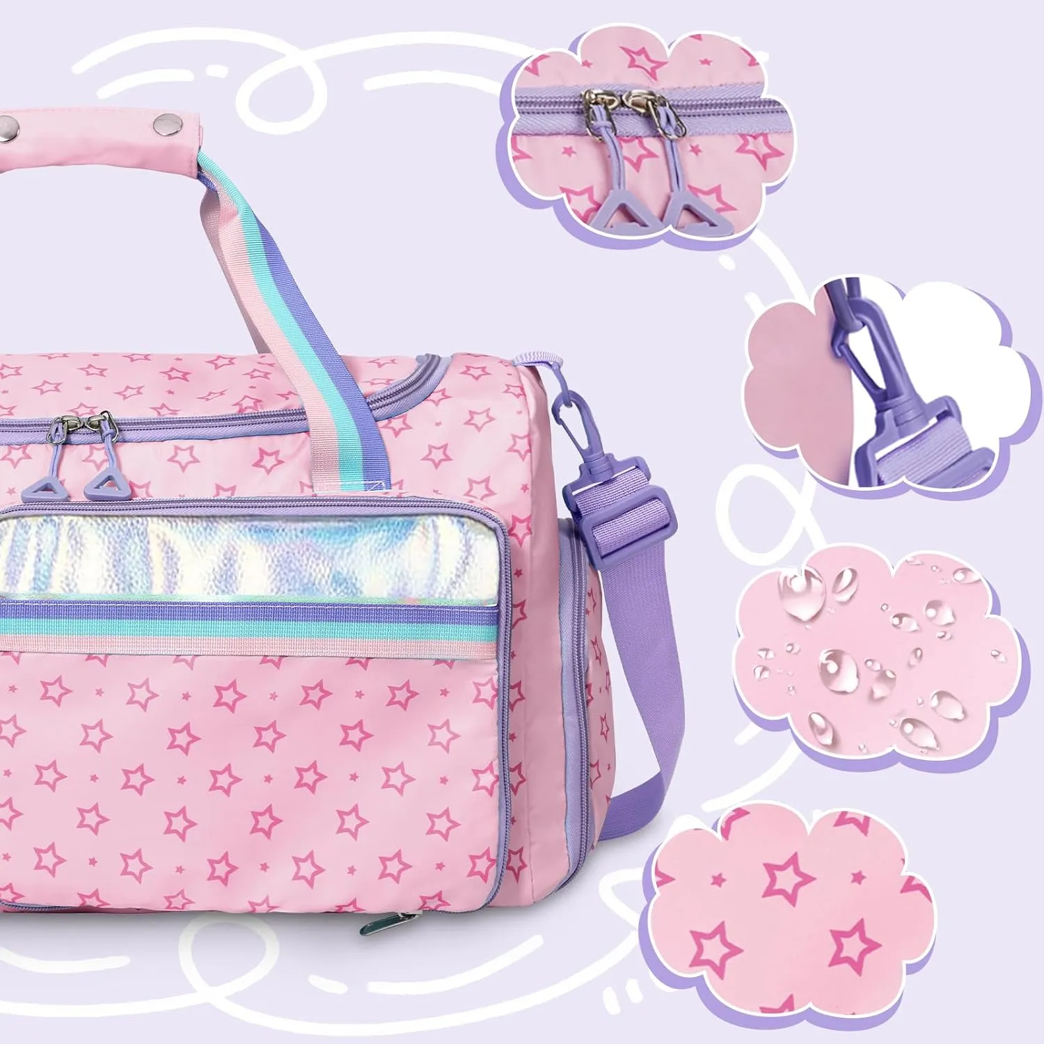 WOOMADA Travel Duffle Bag, Weekend Bag with Wet Pocket & Trolley Sleeve, Gym Dance Bag With Shoe Compartment(Star Pink)