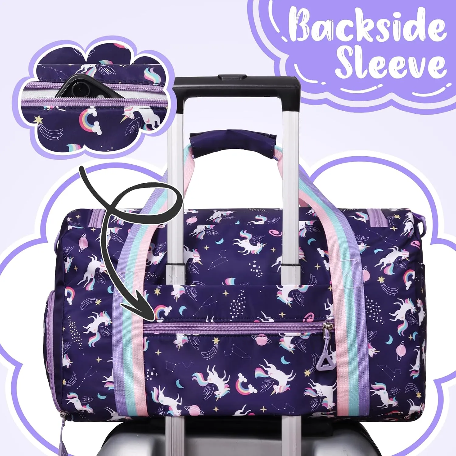 WOOMADA Travel Duffle, Weekend Bag with Wet Pocket & Trolley Sleeve, Gym Dance Bag With Shoe Compartment(Navy Unicorn)