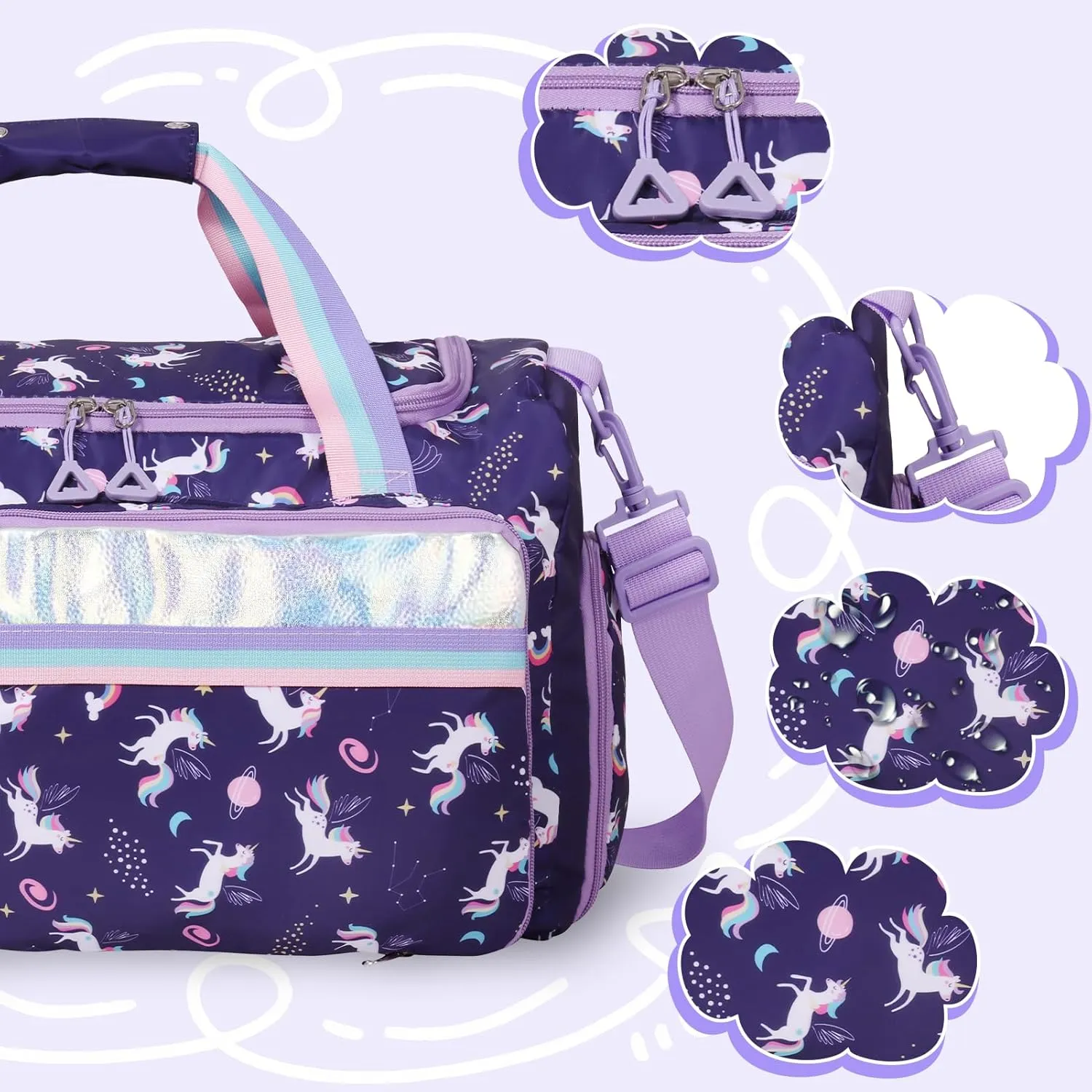 WOOMADA Travel Duffle, Weekend Bag with Wet Pocket & Trolley Sleeve, Gym Dance Bag With Shoe Compartment(Navy Unicorn)