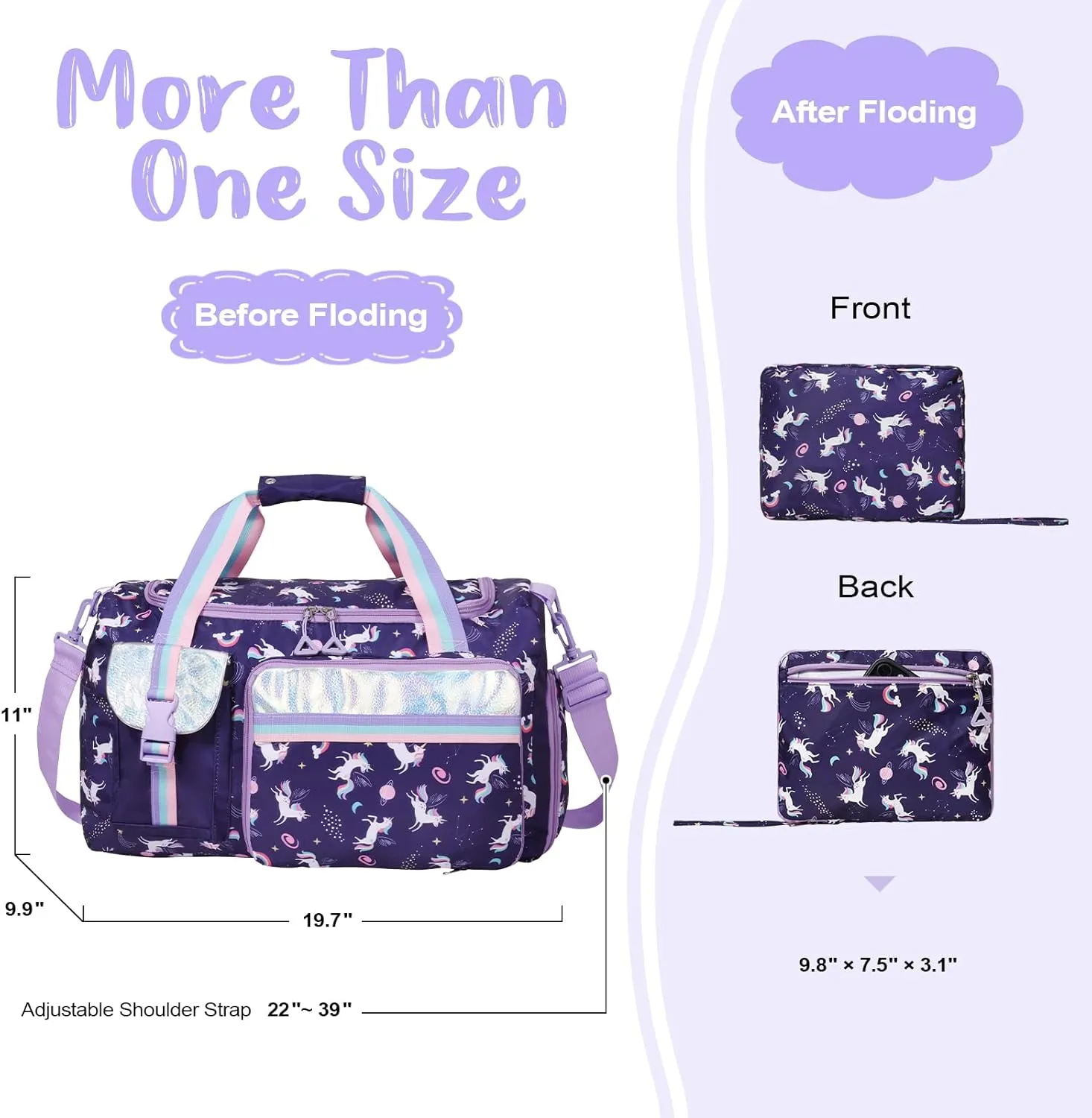 WOOMADA Travel Duffle, Weekend Bag with Wet Pocket & Trolley Sleeve, Gym Dance Bag With Shoe Compartment(Navy Unicorn)