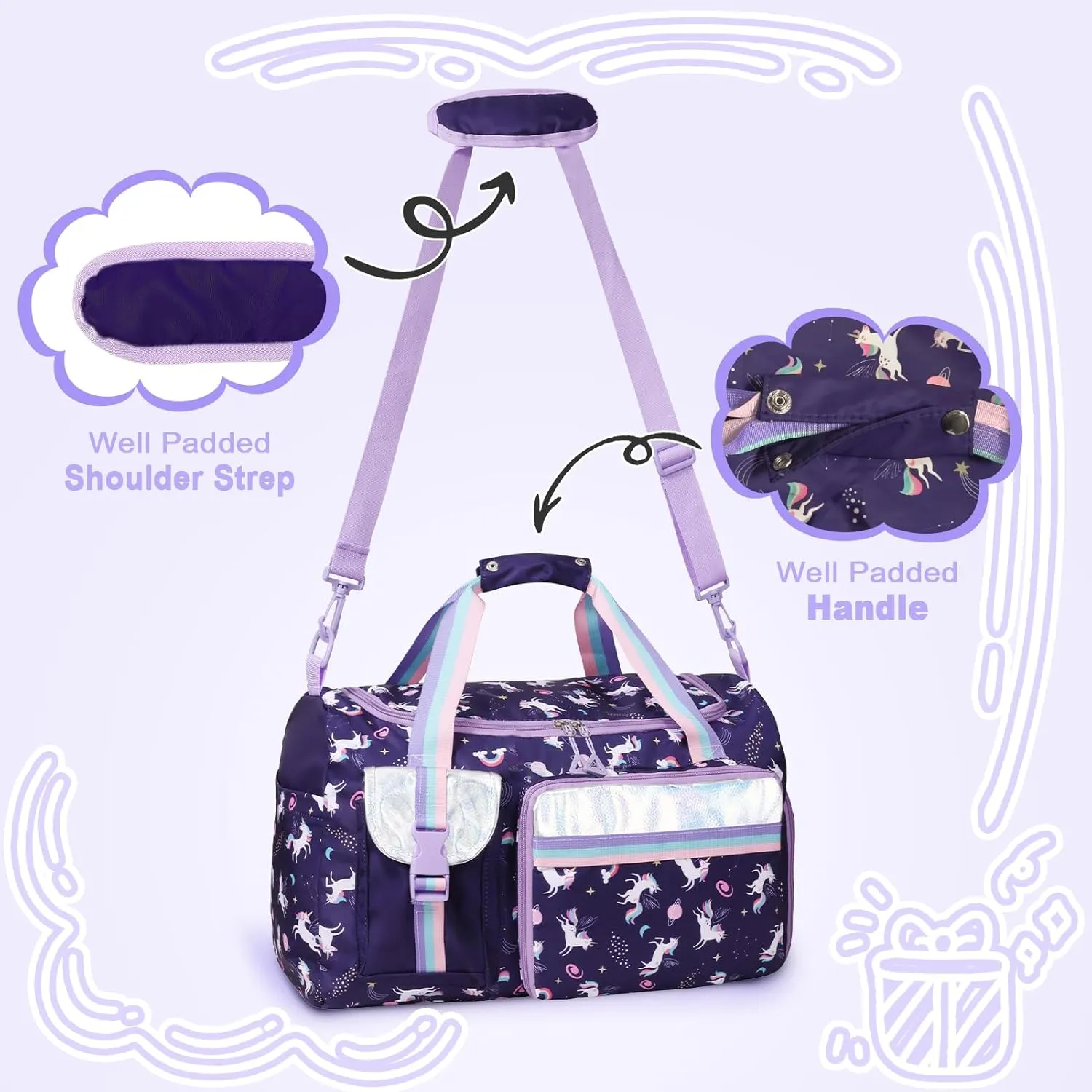 WOOMADA Travel Duffle, Weekend Bag with Wet Pocket & Trolley Sleeve, Gym Dance Bag With Shoe Compartment(Navy Unicorn)