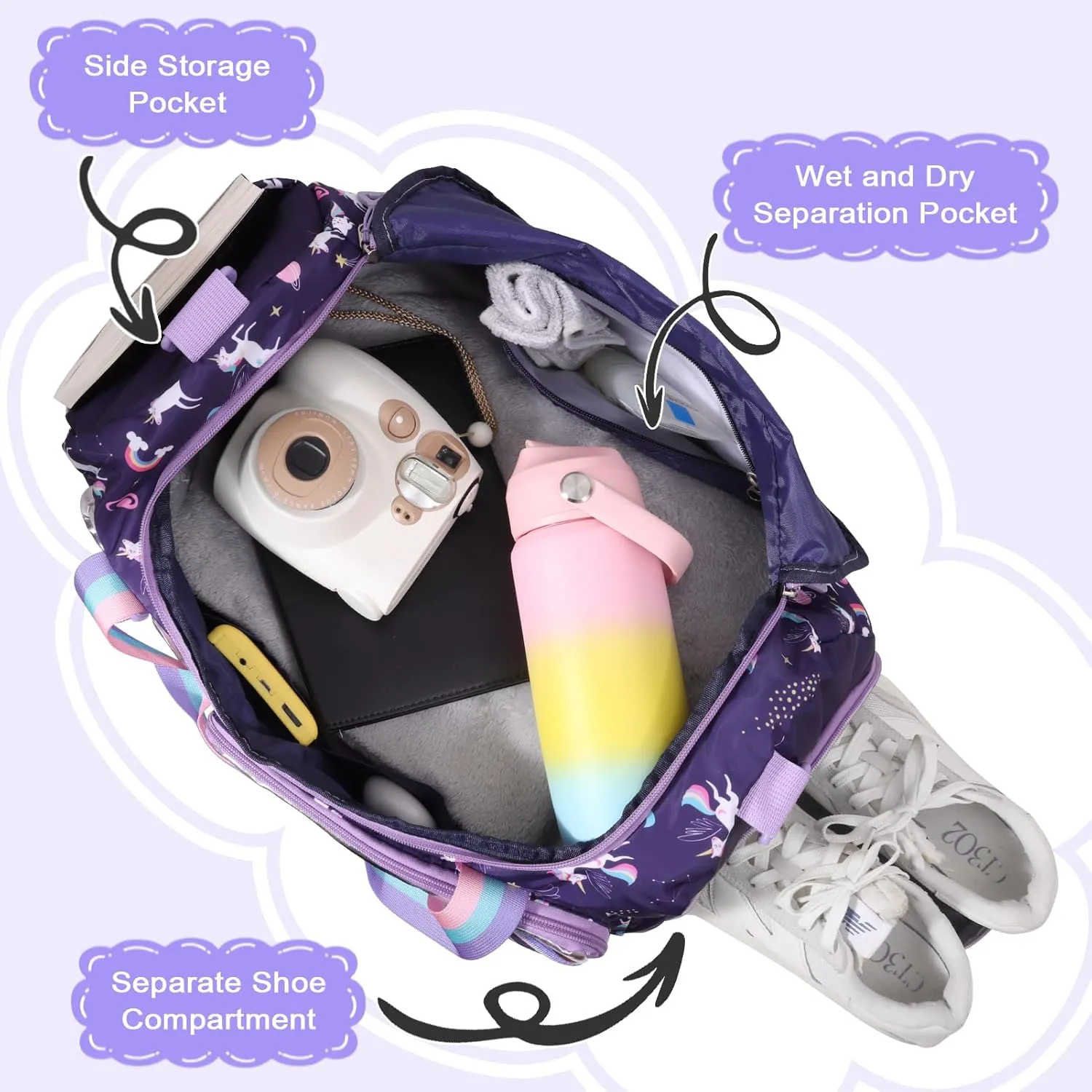 WOOMADA Travel Duffle, Weekend Bag with Wet Pocket & Trolley Sleeve, Gym Dance Bag With Shoe Compartment(Navy Unicorn)