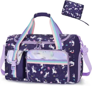 WOOMADA Travel Duffle, Weekend Bag with Wet Pocket & Trolley Sleeve, Gym Dance Bag With Shoe Compartment(Navy Unicorn)