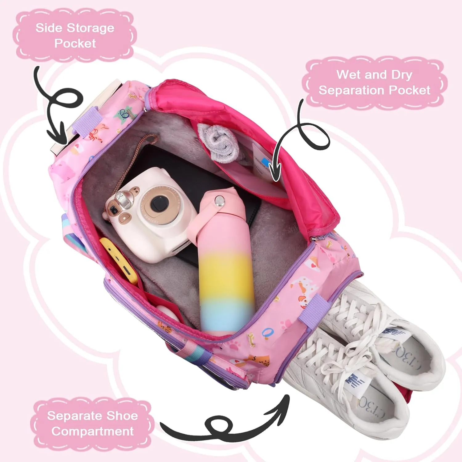 WOOMADA Travel Duffle, Weekend Bag with Wet Pocket & Trolley Sleeve, Gym Dance Bag With Shoe Compartment(Pink Dog)