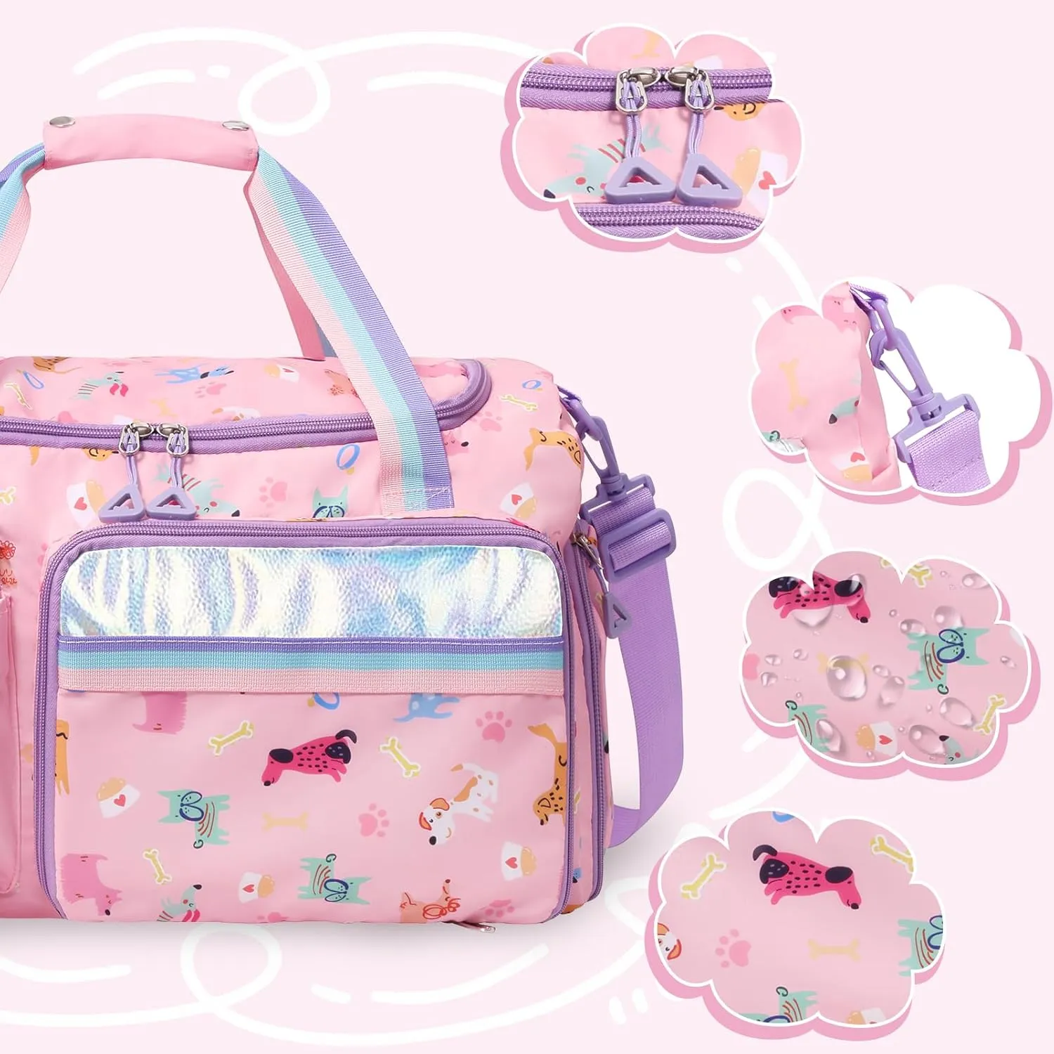 WOOMADA Travel Duffle, Weekend Bag with Wet Pocket & Trolley Sleeve, Gym Dance Bag With Shoe Compartment(Pink Dog)