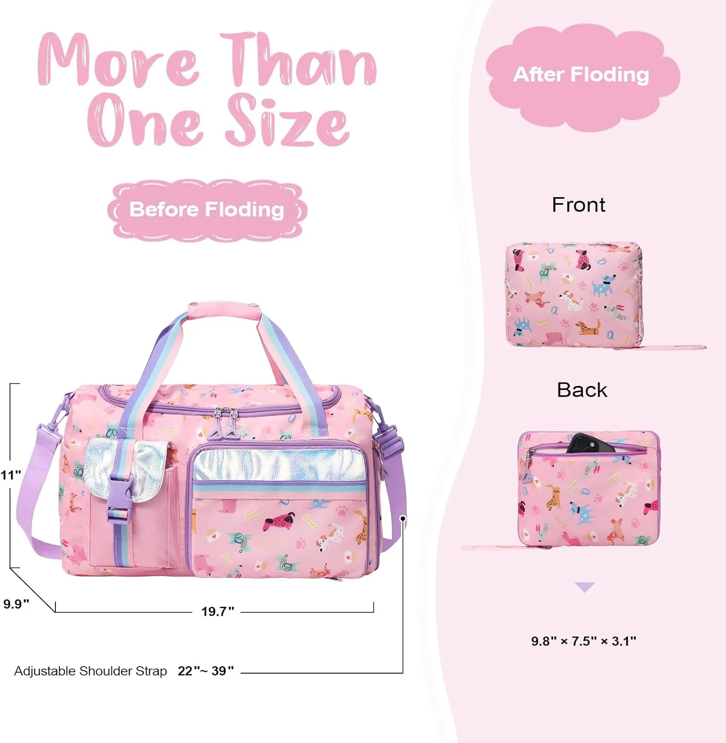 WOOMADA Travel Duffle, Weekend Bag with Wet Pocket & Trolley Sleeve, Gym Dance Bag With Shoe Compartment(Pink Dog)