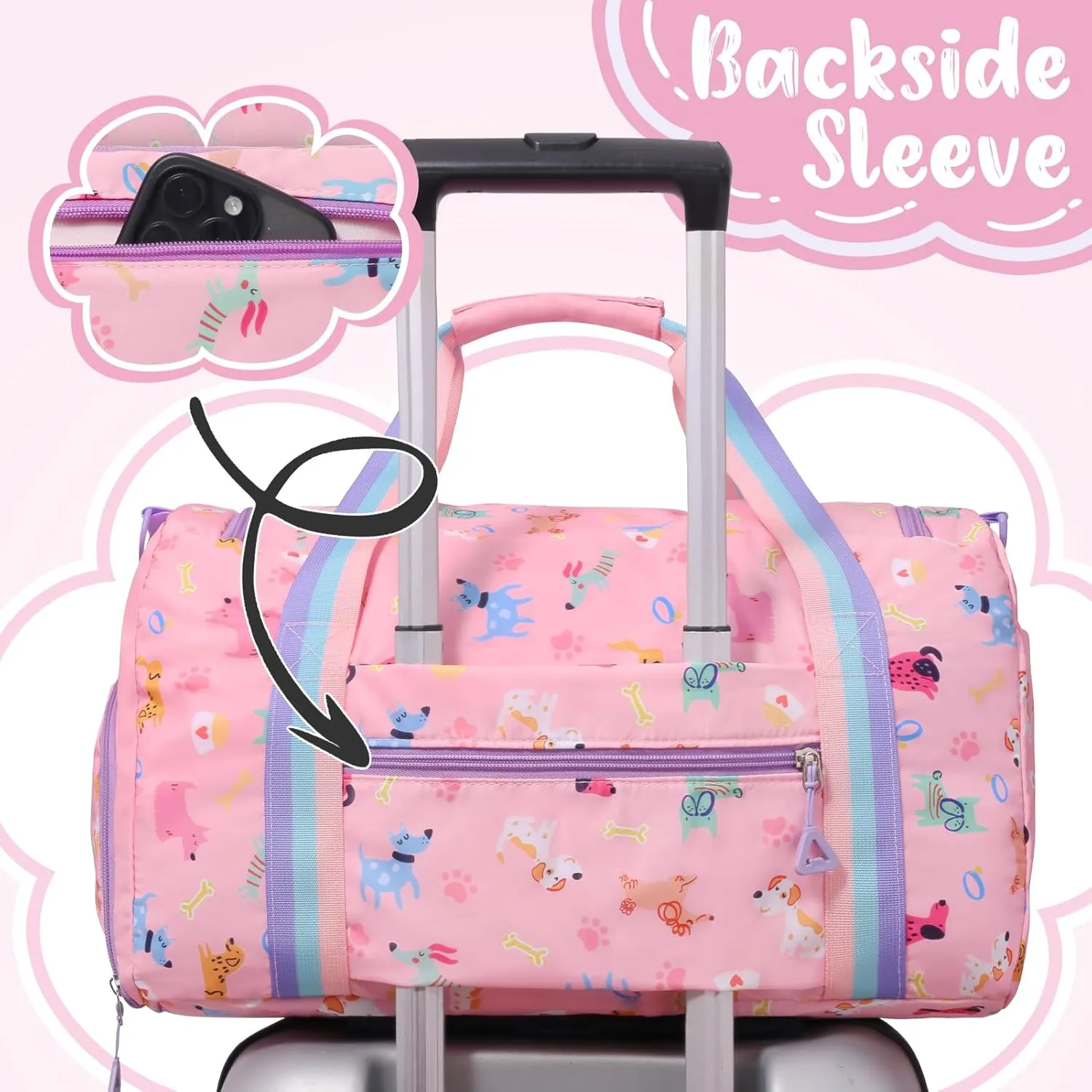 WOOMADA Travel Duffle, Weekend Bag with Wet Pocket & Trolley Sleeve, Gym Dance Bag With Shoe Compartment(Pink Dog)