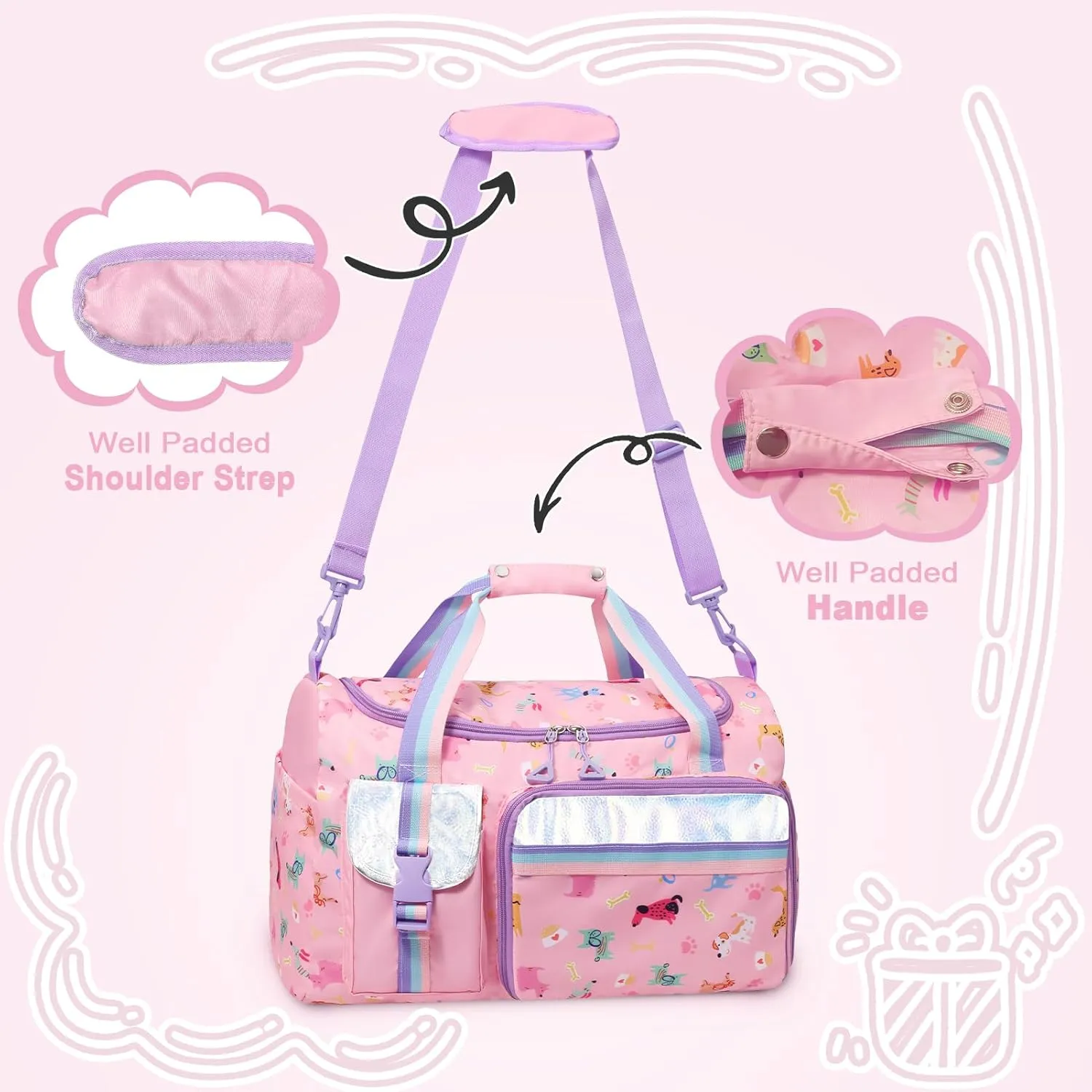 WOOMADA Travel Duffle, Weekend Bag with Wet Pocket & Trolley Sleeve, Gym Dance Bag With Shoe Compartment(Pink Dog)