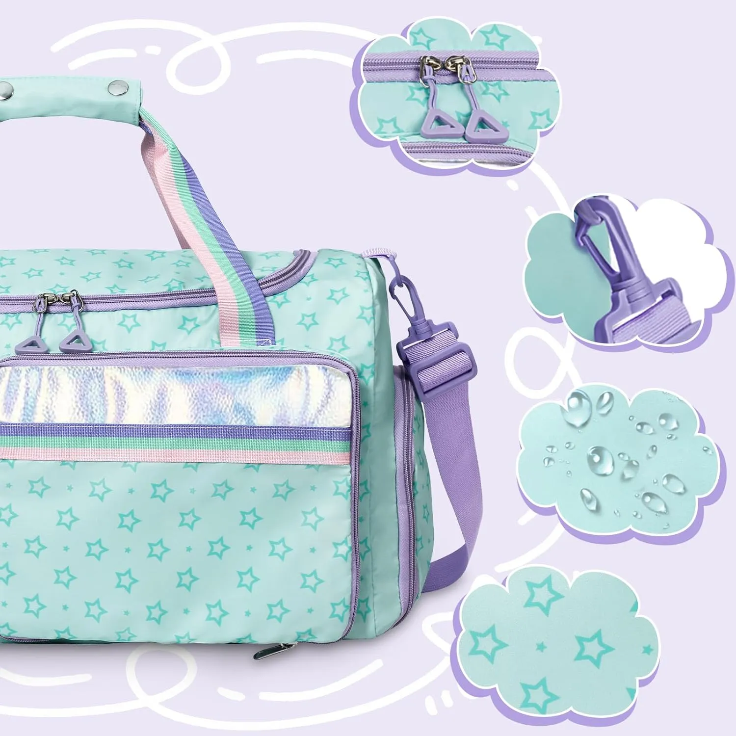 WOOMADA Travel Duffle, Weekend Bag with Wet Pocket & Trolley Sleeve, Gym Dance Bag With Shoe Compartment(Star Turquoise)