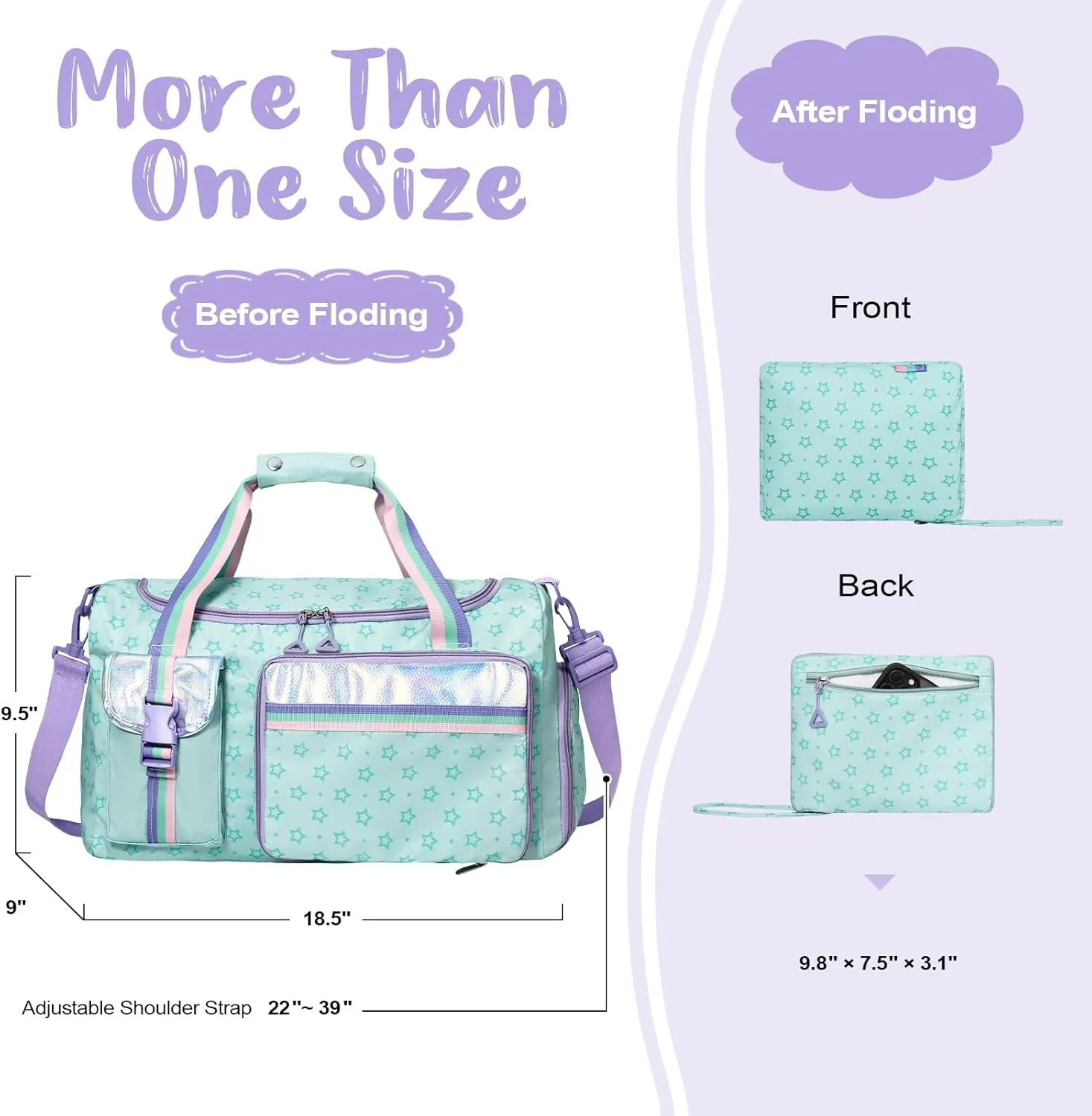 WOOMADA Travel Duffle, Weekend Bag with Wet Pocket & Trolley Sleeve, Gym Dance Bag With Shoe Compartment(Star Turquoise)