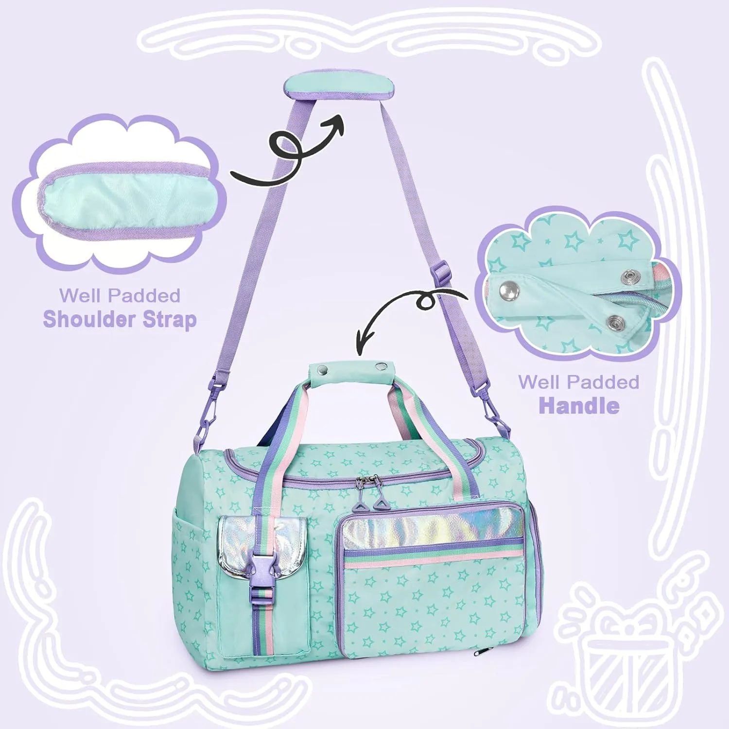 WOOMADA Travel Duffle, Weekend Bag with Wet Pocket & Trolley Sleeve, Gym Dance Bag With Shoe Compartment(Star Turquoise)