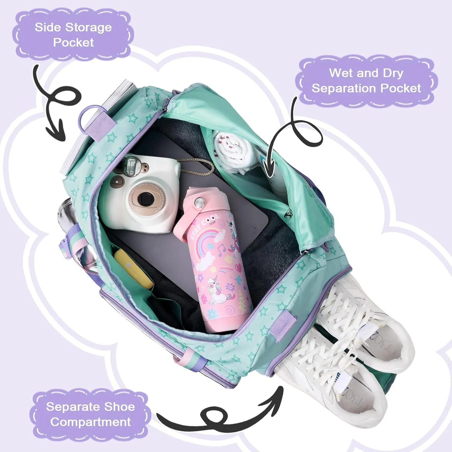 WOOMADA Travel Duffle, Weekend Bag with Wet Pocket & Trolley Sleeve, Gym Dance Bag With Shoe Compartment(Star Turquoise)