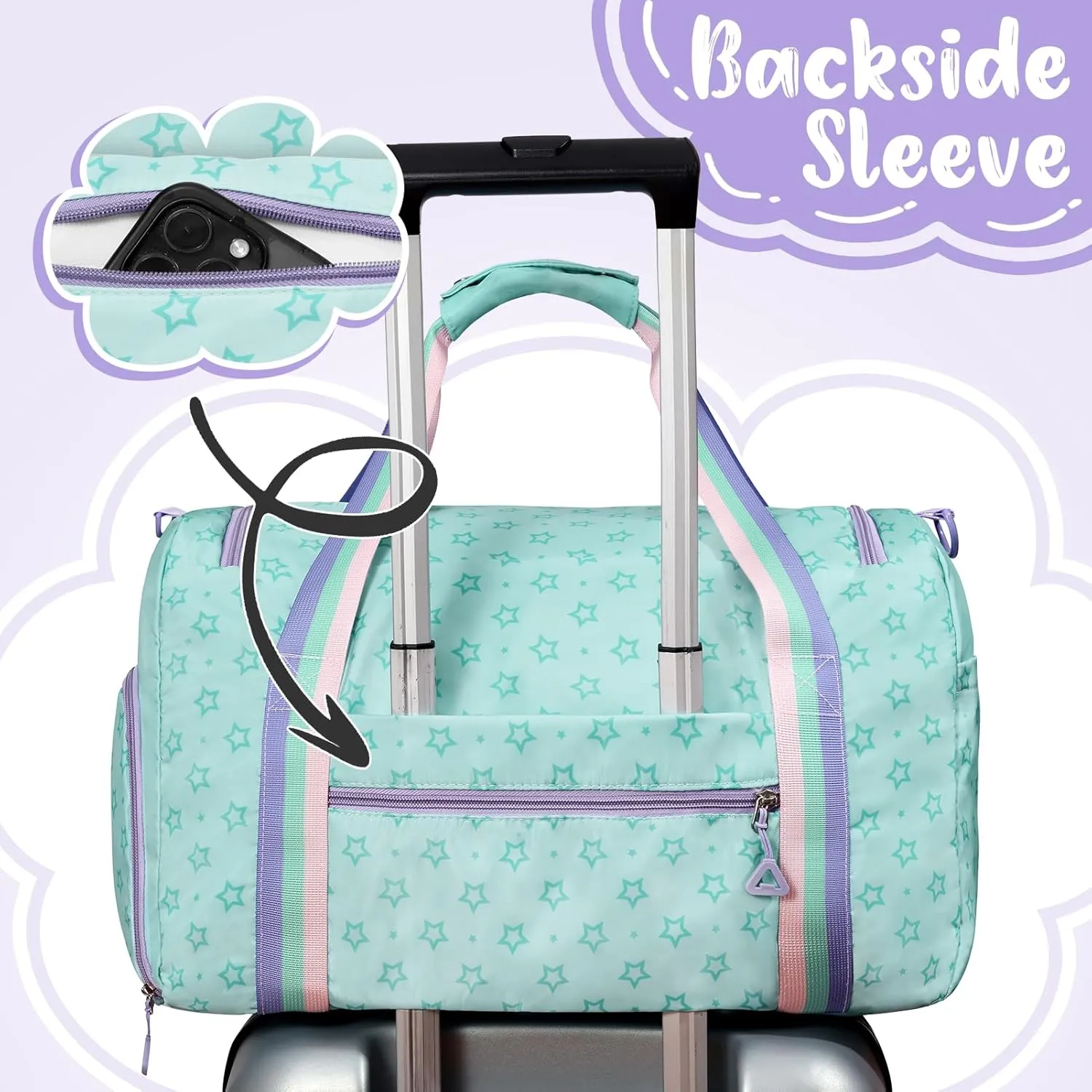WOOMADA Travel Duffle, Weekend Bag with Wet Pocket & Trolley Sleeve, Gym Dance Bag With Shoe Compartment(Star Turquoise)