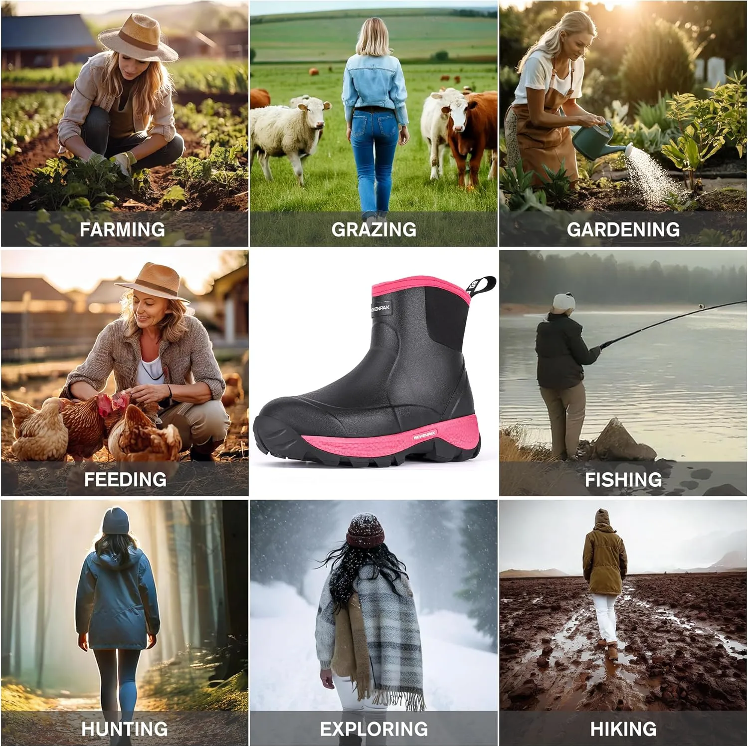 WOVENPAK Ankle Boots for Women, Rubber Rain Boots Waterproof Women, Ankle Garden Mud Boots Shoes, Rubber Boots for Women Insulated Lightweight Short Boots for Outdoor, Garden, Yard Work, Size 6-11