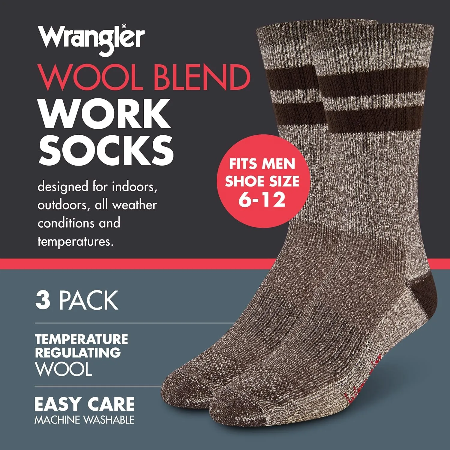 Wrangler Men's Blended Wool Work Socks - Crew Socks for Hiking, Boots, & All-Weather Wear with Arch Support - Size 6-12