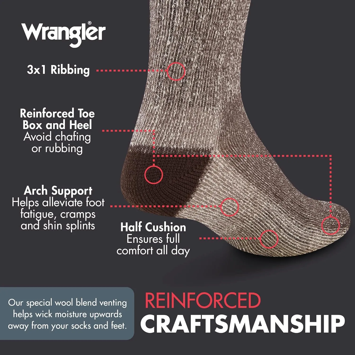 Wrangler Men's Blended Wool Work Socks - Crew Socks for Hiking, Boots, & All-Weather Wear with Arch Support - Size 6-12