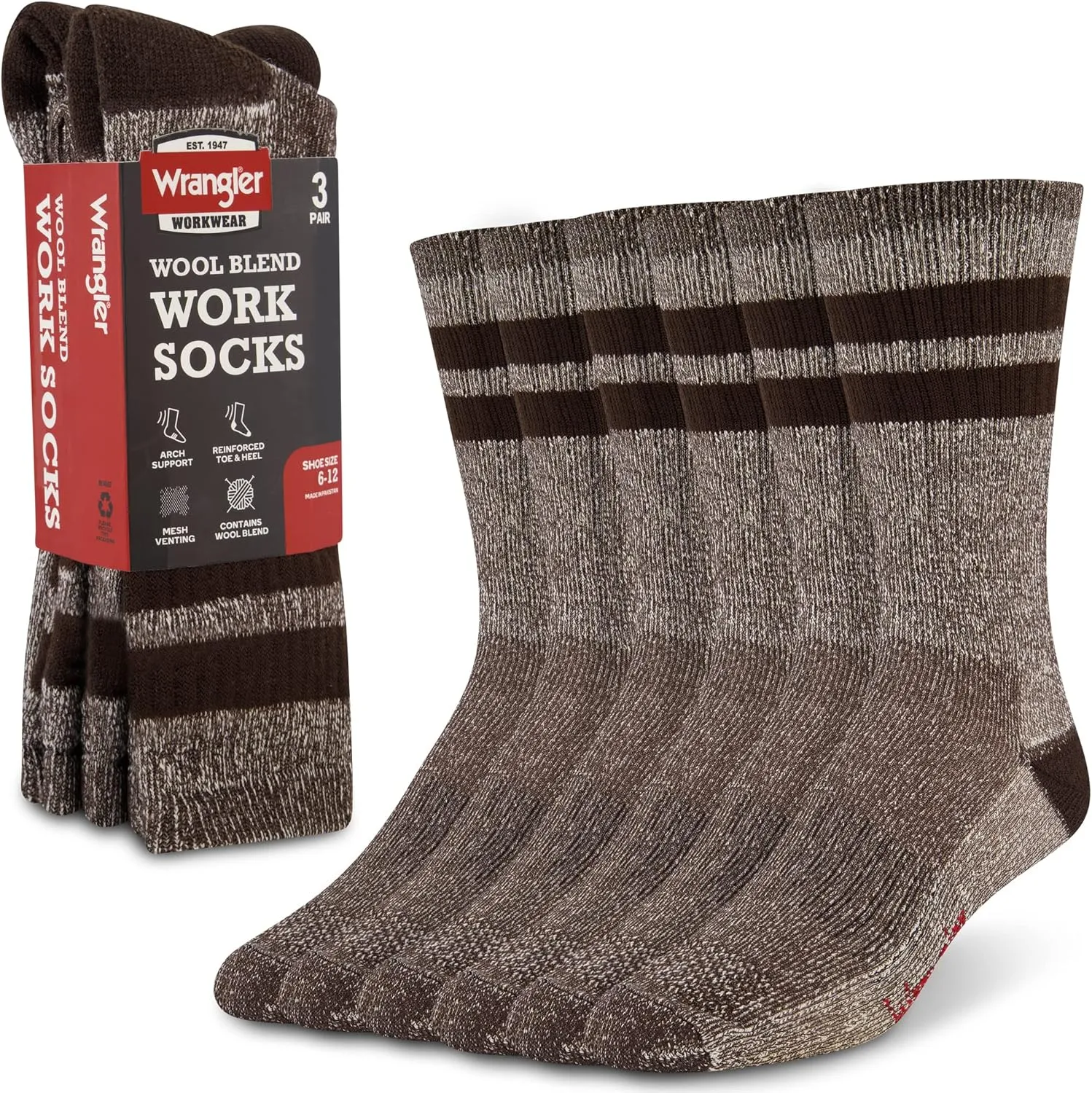 Wrangler Men's Blended Wool Work Socks - Crew Socks for Hiking, Boots, & All-Weather Wear with Arch Support - Size 6-12