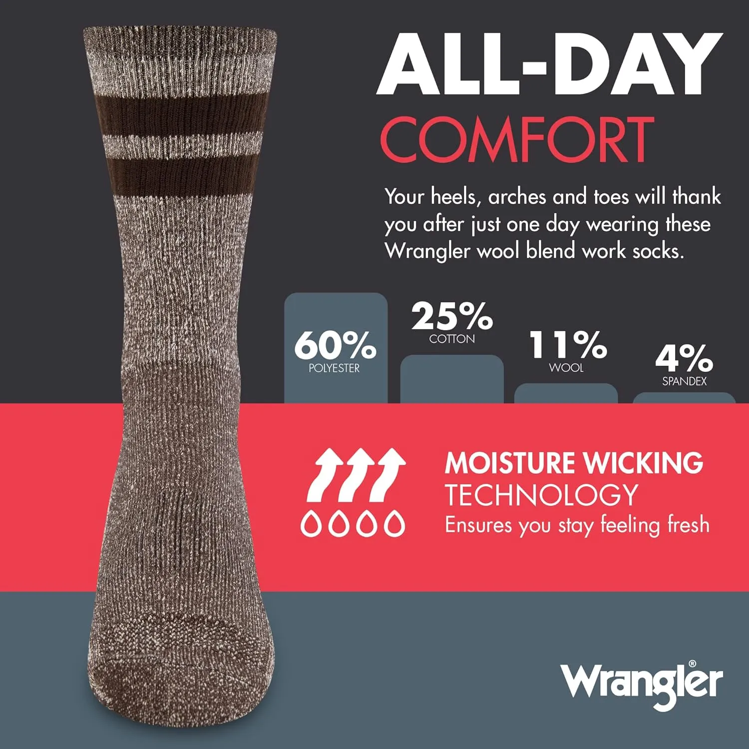 Wrangler Men's Blended Wool Work Socks - Crew Socks for Hiking, Boots, & All-Weather Wear with Arch Support - Size 6-12