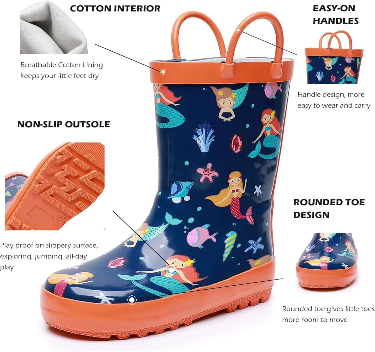 WTW Toddler and Kids Rain Boots Unisex-Child Waterproof Rubber Rain Boots with Easy-On Handles in Fun Patterns for Girls and Boys (Toddler/Little Kid/Big Kid)