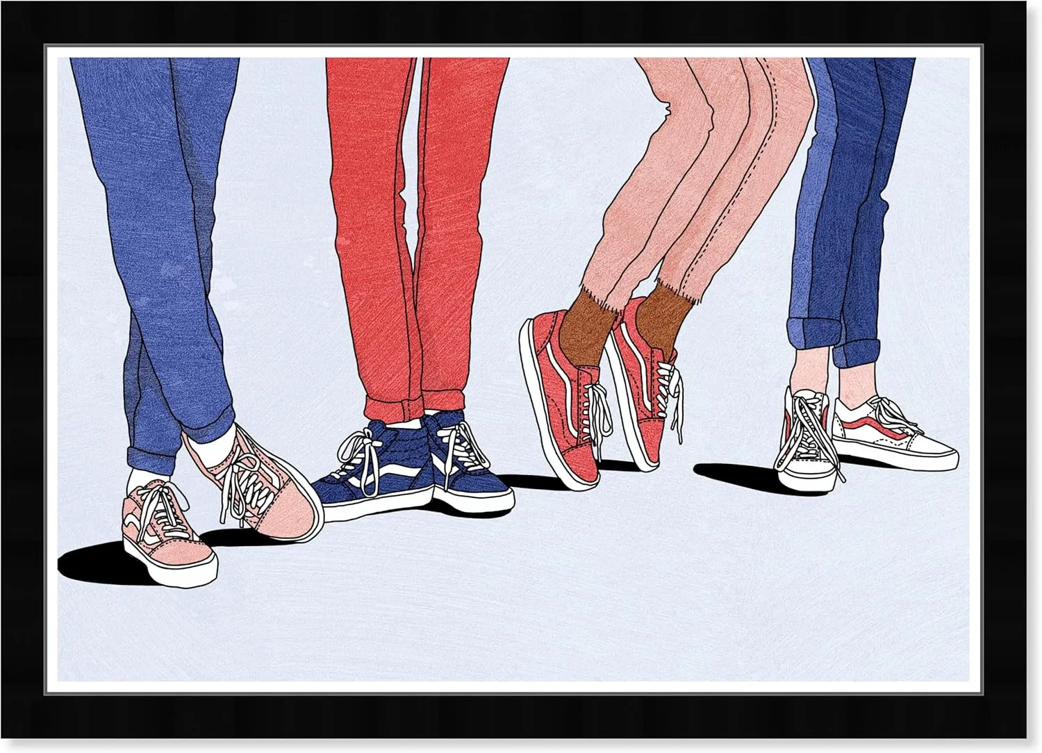 Wynwood Studio Fashion and Glam Contemporary Black Frame Paper - All Four Sneakers, Wall Art for Living Room, Bedroom, and Bathroom, 19 in x 13 in, Blue and Red Home Decor