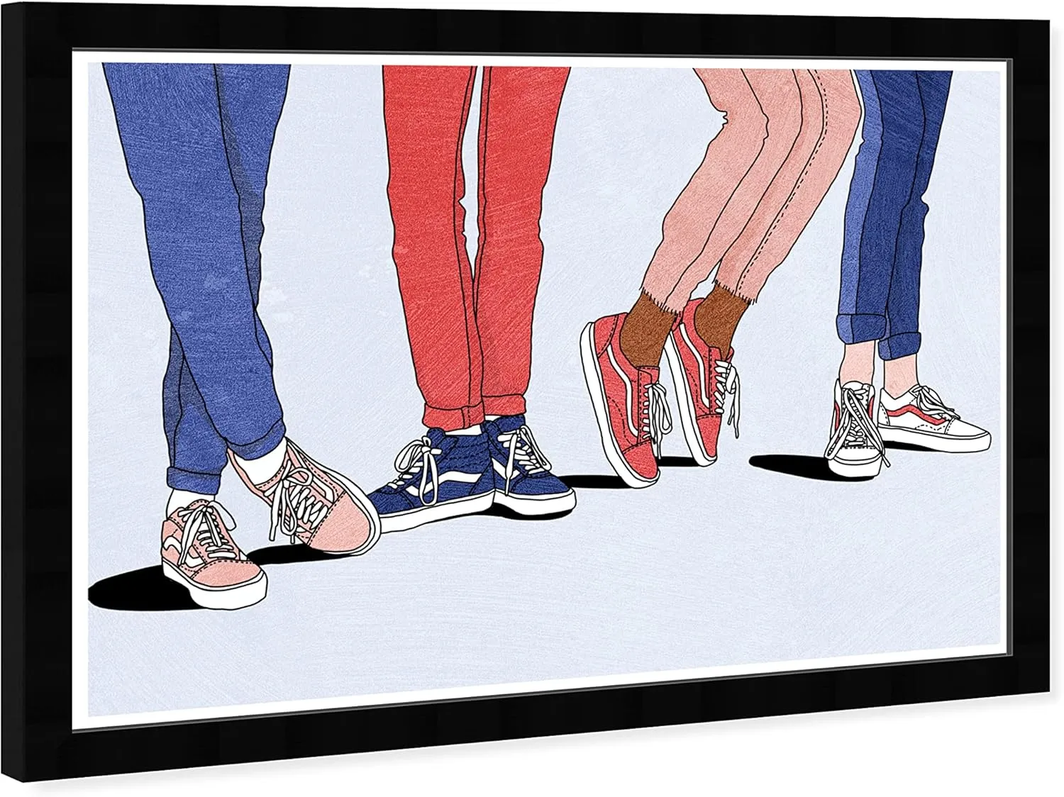 Wynwood Studio Fashion and Glam Contemporary Black Frame Paper - All Four Sneakers, Wall Art for Living Room, Bedroom, and Bathroom, 19 in x 13 in, Blue and Red Home Decor