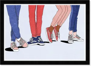 Wynwood Studio Fashion and Glam Contemporary Black Frame Paper - All Four Sneakers, Wall Art for Living Room, Bedroom, and Bathroom, 19 in x 13 in, Blue and Red Home Decor