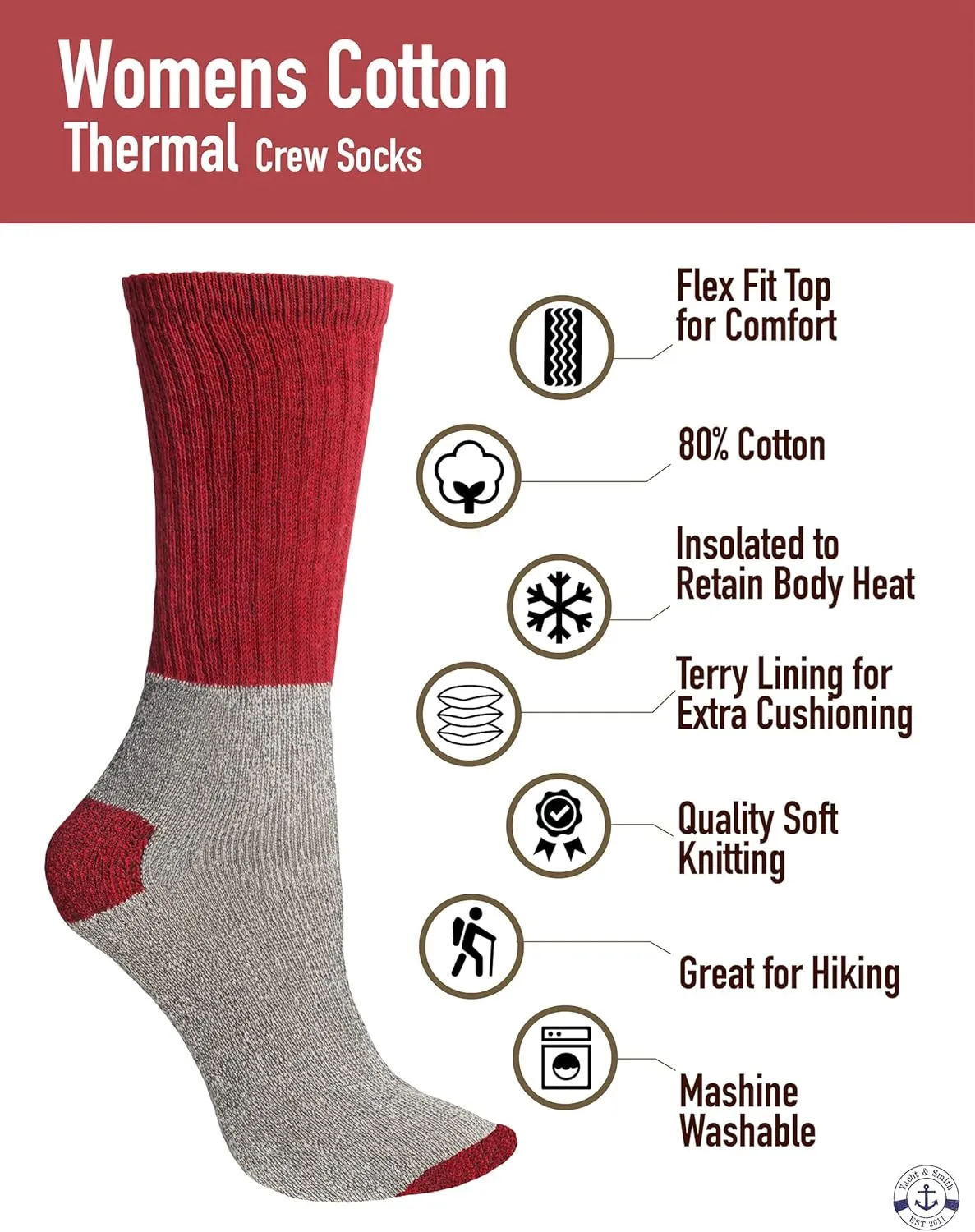 Yacht & Smith Womens Cotton Thermal Crew Socks, Cold Weather Boot Sock Bulk