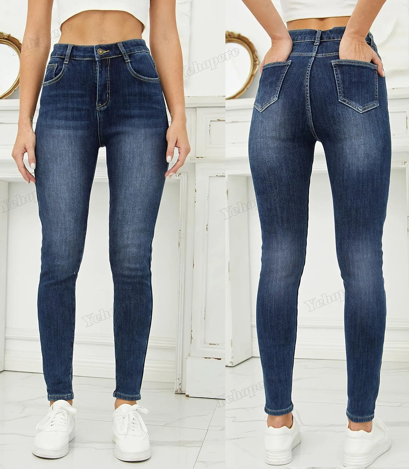Yehopere Women's Winter Fleece Lined Jeans Slim Fit Warm Skinny High Waist Denim Jean