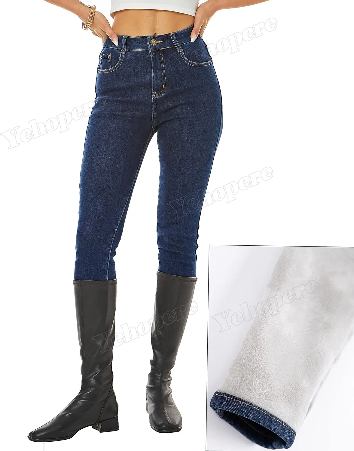 Yehopere Women's Winter Fleece Lined Jeans Slim Fit Warm Skinny High Waist Denim Jean