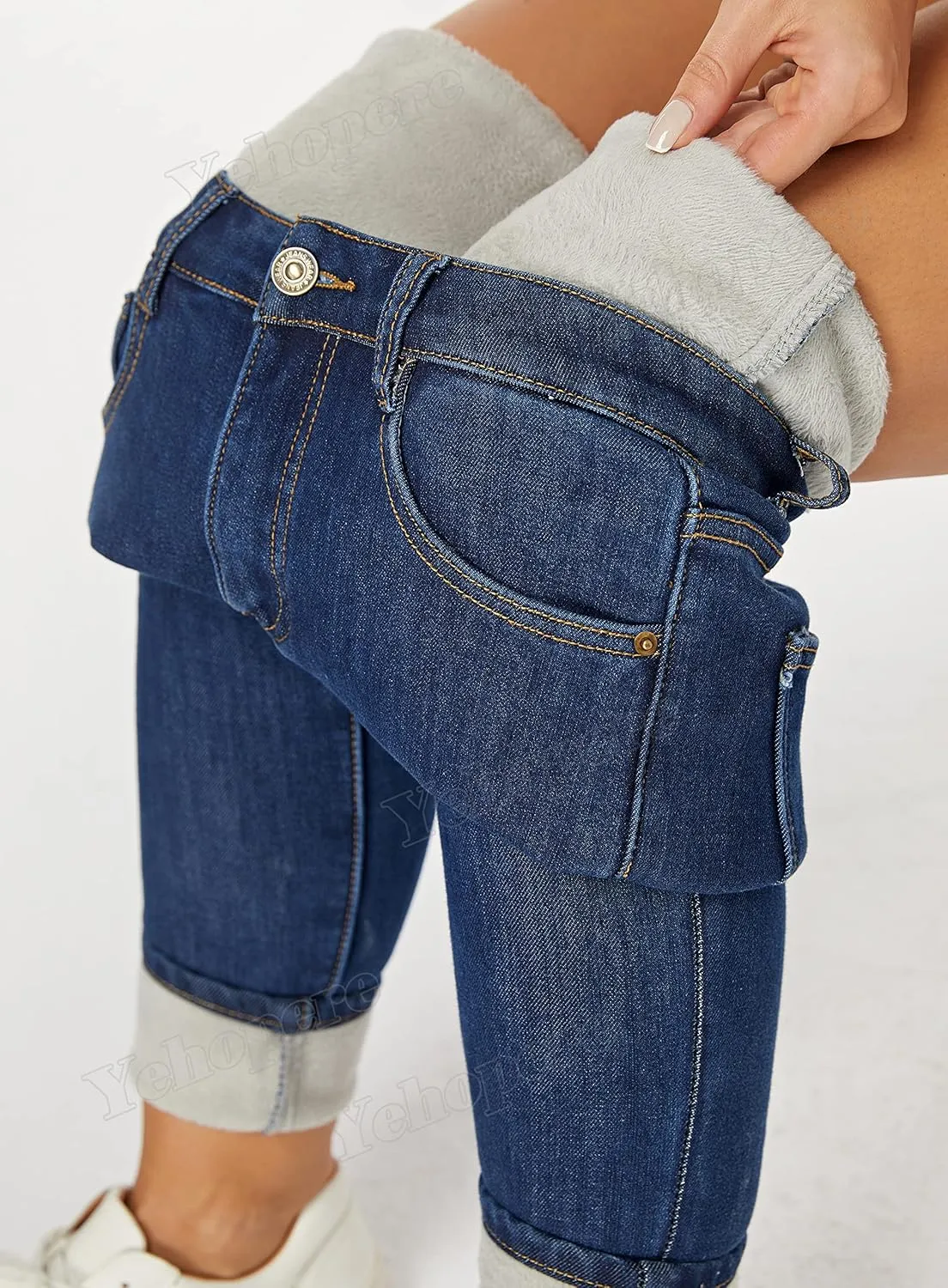 Yehopere Women's Winter Fleece Lined Jeans Slim Fit Warm Skinny High Waist Denim Jean
