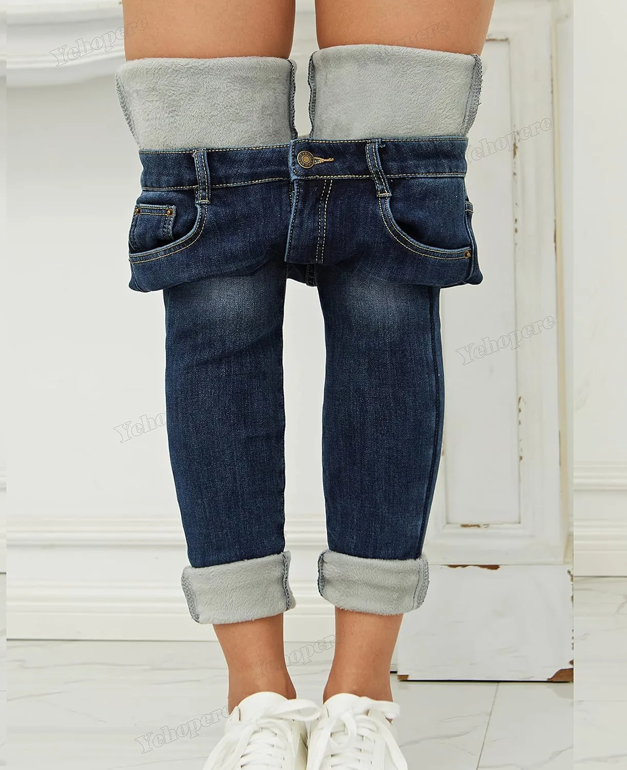 Yehopere Women's Winter Fleece Lined Jeans Slim Fit Warm Skinny High Waist Denim Jean