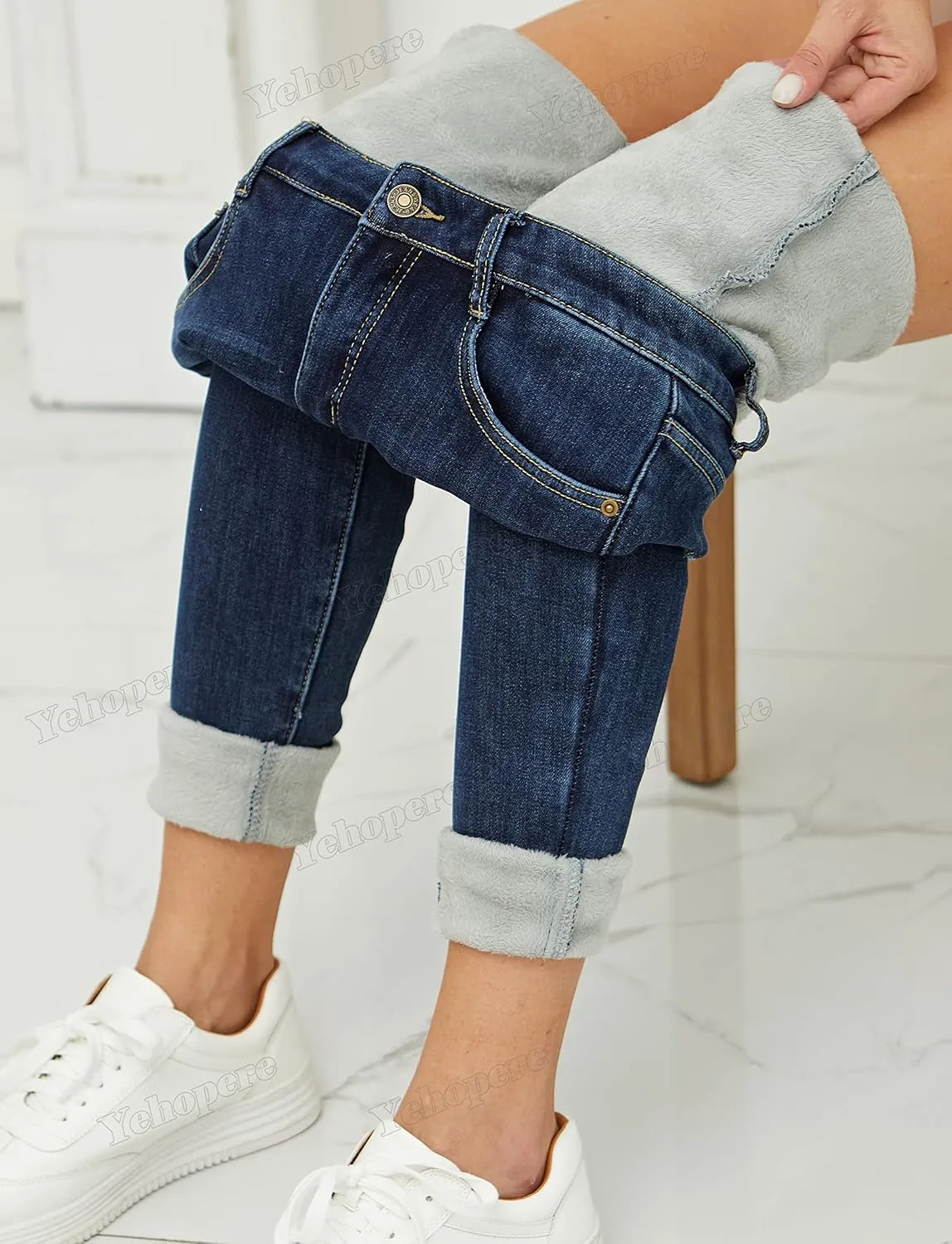 Yehopere Women's Winter Fleece Lined Jeans Slim Fit Warm Skinny High Waist Denim Jean