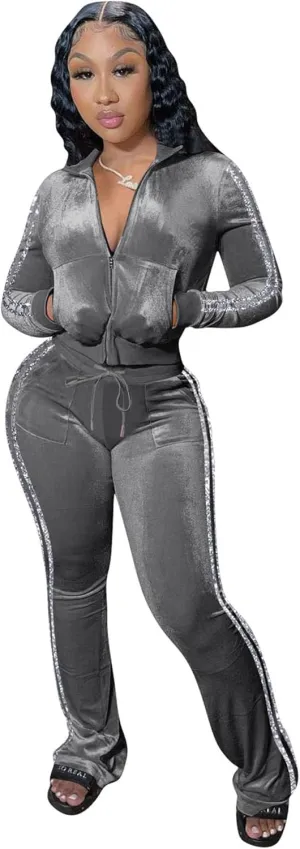 yidengymx Womens 2 Piece Velour Tracksuit Two Piece Outfits for Women Long Sleeve Zip Up Crop Tops Sweatpants Sets Pockets