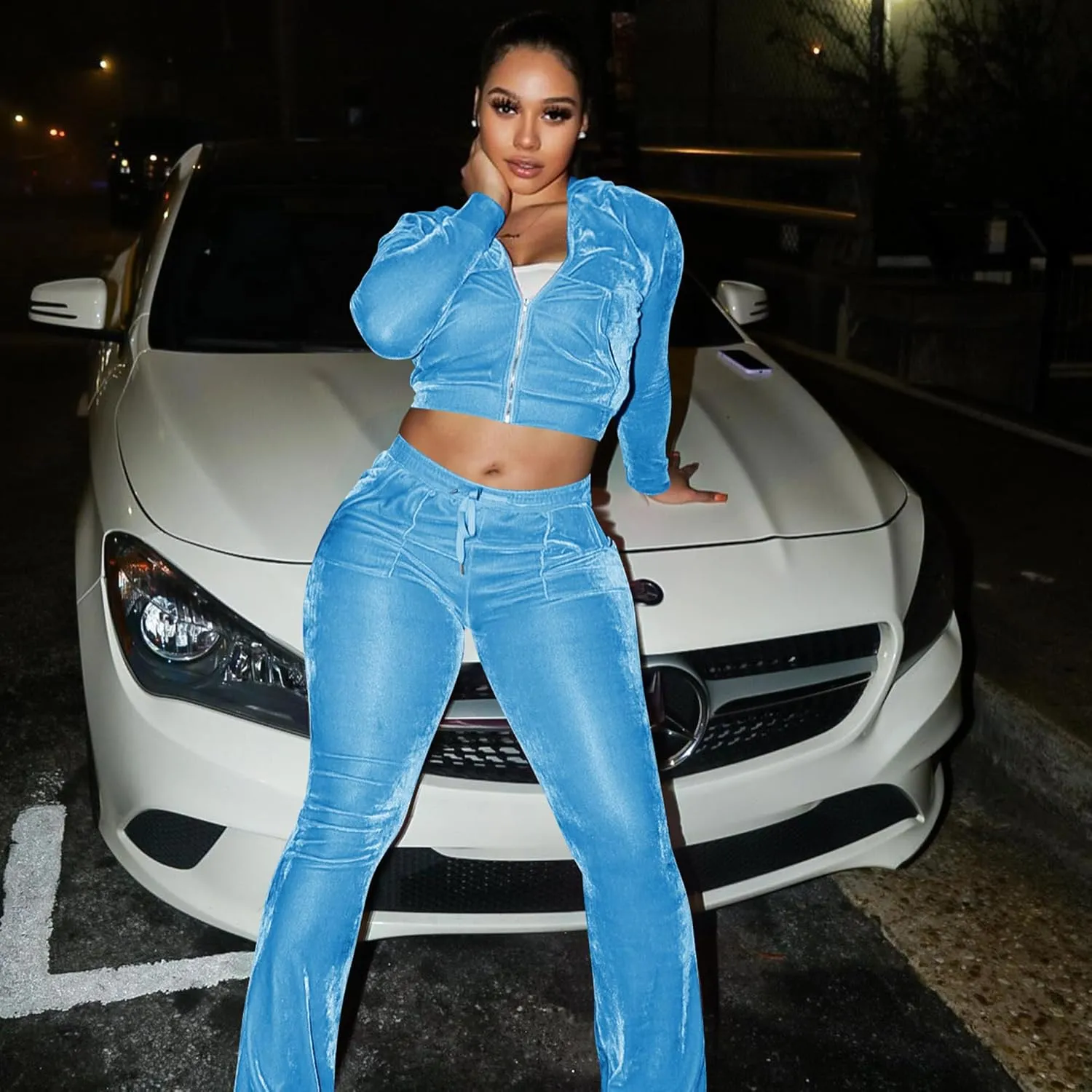 yidengymx Womens 2 Piece Velour Tracksuit Two Piece Outfits for Women Long Sleeve Zip Up Crop Tops Sweatpants Sets Pockets