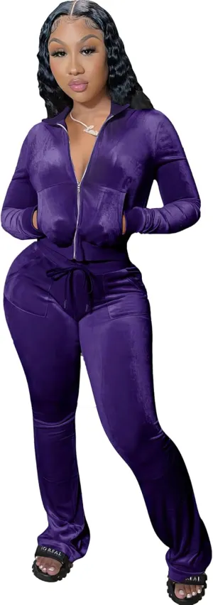 yidengymx Womens 2 Piece Velour Tracksuit Two Piece Outfits for Women Long Sleeve Zip Up Crop Tops Sweatpants Sets Pockets