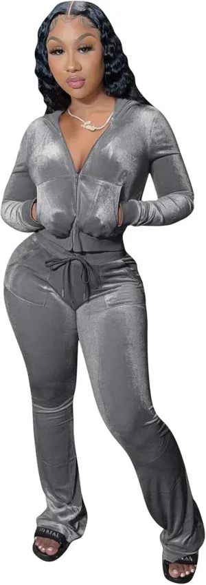 yidengymx Womens 2 Piece Velour Tracksuit Two Piece Outfits for Women Long Sleeve Zip Up Crop Tops Sweatpants Sets Pockets