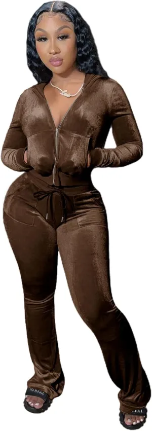 yidengymx Womens 2 Piece Velour Tracksuit Two Piece Outfits for Women Long Sleeve Zip Up Crop Tops Sweatpants Sets Pockets
