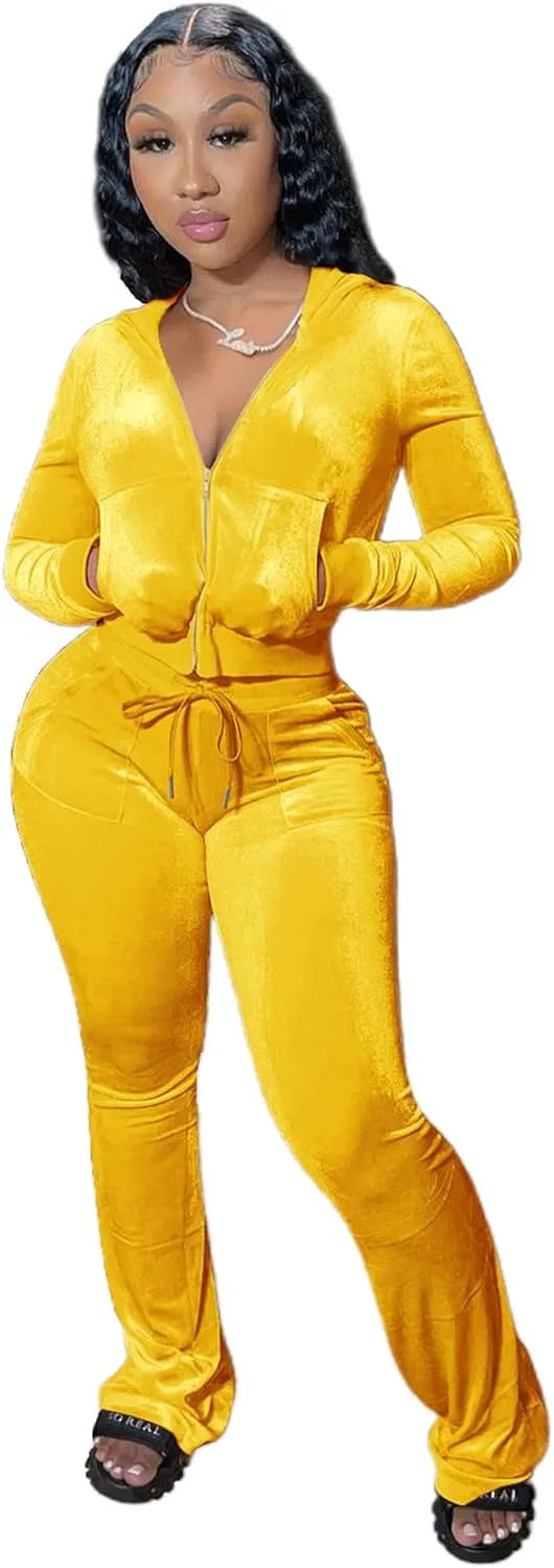 yidengymx Womens 2 Piece Velour Tracksuit Two Piece Outfits for Women Long Sleeve Zip Up Crop Tops Sweatpants Sets Pockets