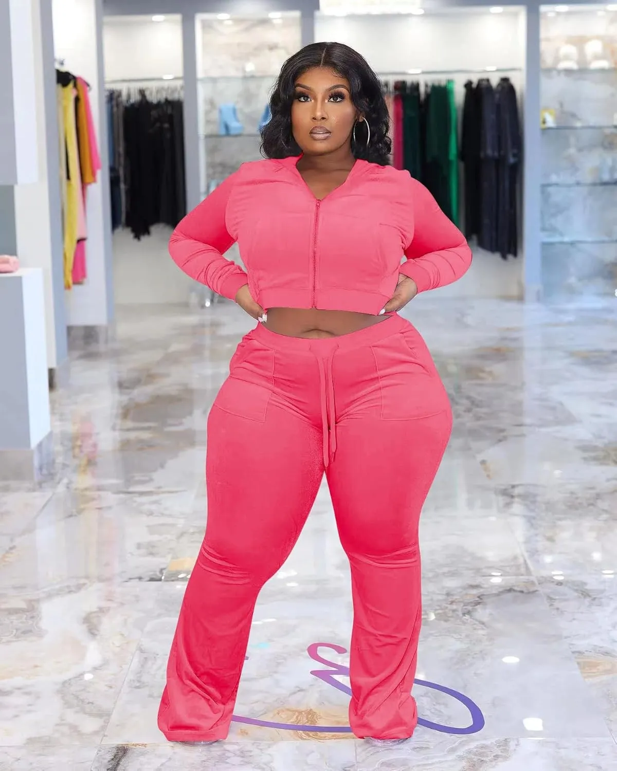 yidengymx Womens 2 Piece Velour Tracksuit Two Piece Outfits for Women Long Sleeve Zip Up Crop Tops Sweatpants Sets Pockets