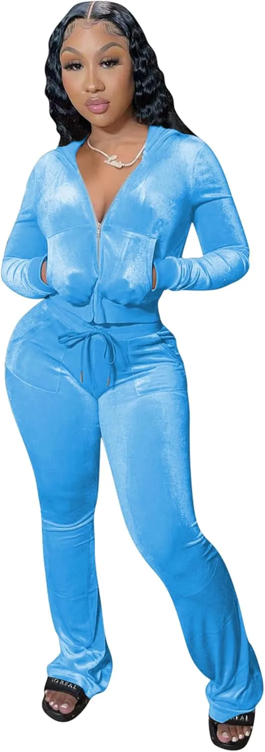 yidengymx Womens 2 Piece Velour Tracksuit Two Piece Outfits for Women Long Sleeve Zip Up Crop Tops Sweatpants Sets Pockets
