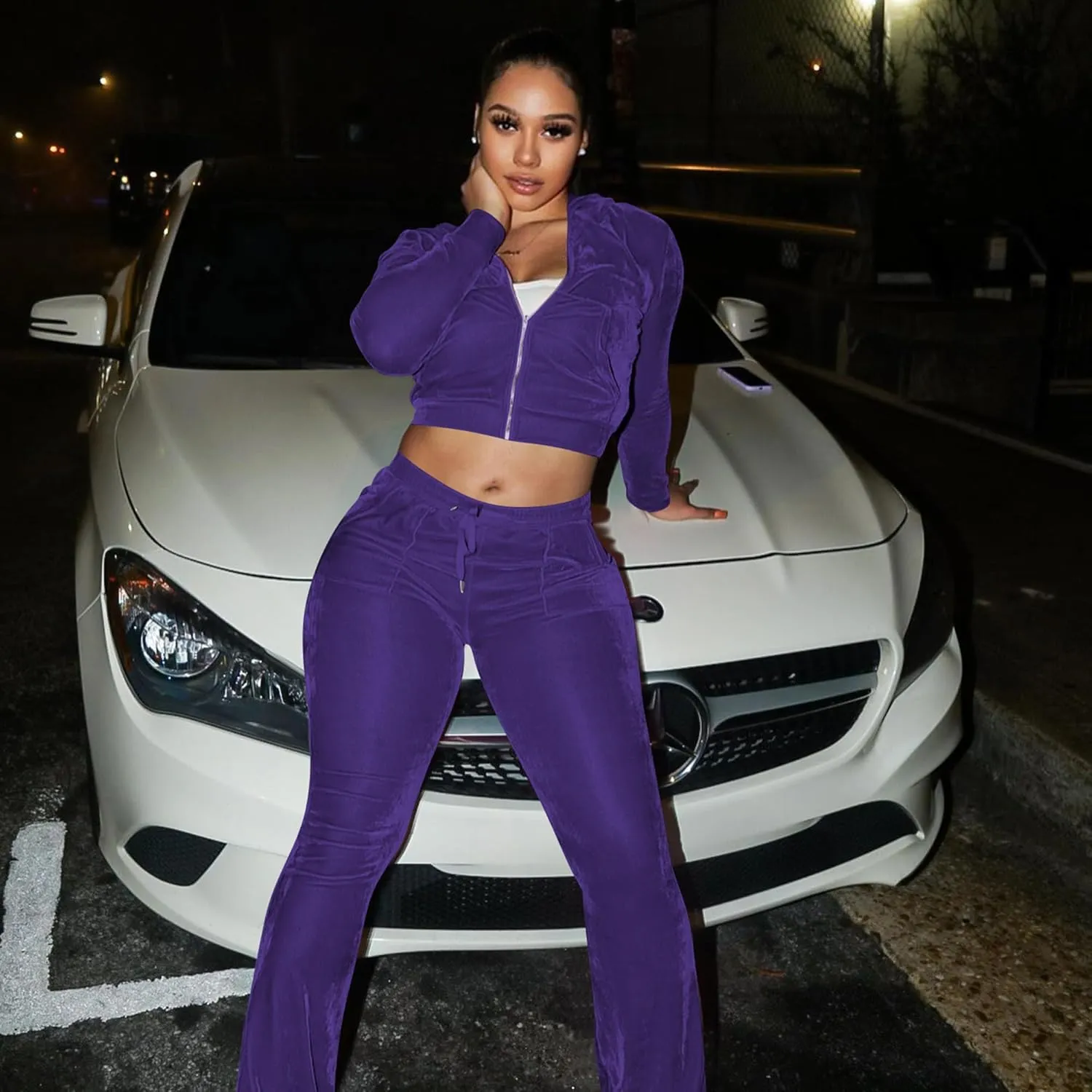 yidengymx Womens 2 Piece Velour Tracksuit Two Piece Outfits for Women Long Sleeve Zip Up Crop Tops Sweatpants Sets Pockets