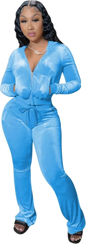yidengymx Womens 2 Piece Velour Tracksuit Two Piece Outfits for Women Long Sleeve Zip Up Crop Tops Sweatpants Sets Pockets