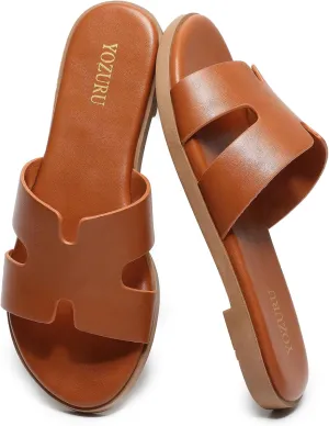 Yozuru Womens Flat Sandals Open Toe Dressy Summer Sandals Comfortable Casual Slip on Leather Slides Sandals for women