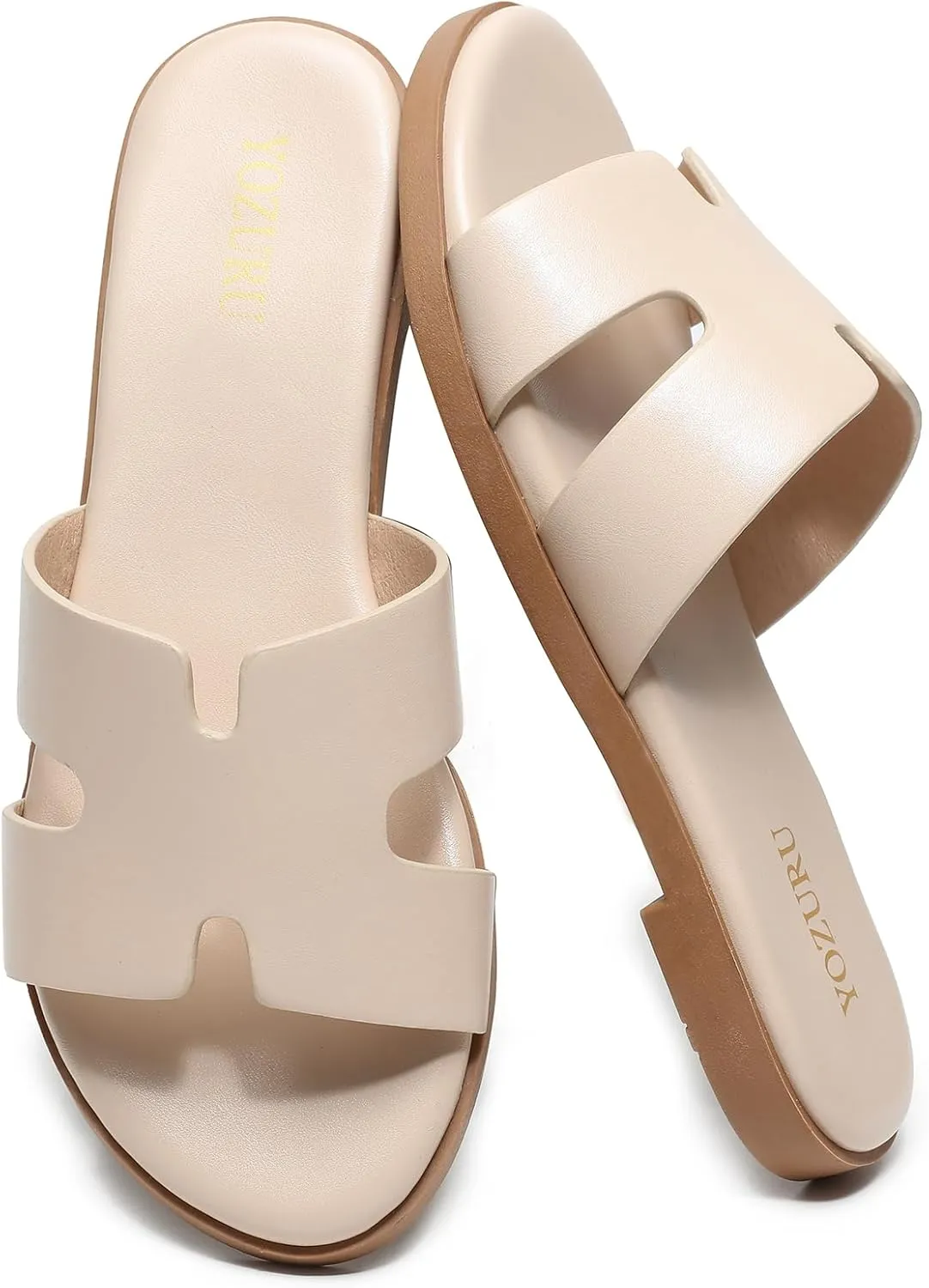 Yozuru Womens Flat Sandals Open Toe Dressy Summer Sandals Comfortable Casual Slip on Leather Slides Sandals for women