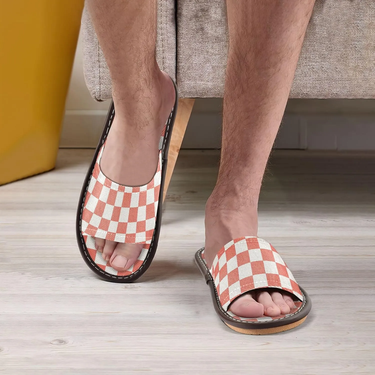 Yuiboo Light Coral Chessboard Men Women Spa Slippers Portable Non Slip Sandals for Beach Beach Travel