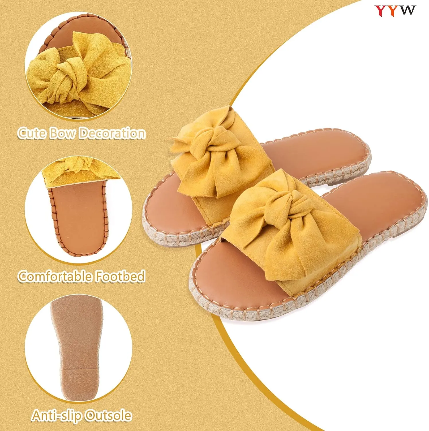 YYW Slides for Women Flat Slide Sandals Slip On Open Toe Sandals Casual Style with Bowknot Ornament for Summer Outdoor Indoor