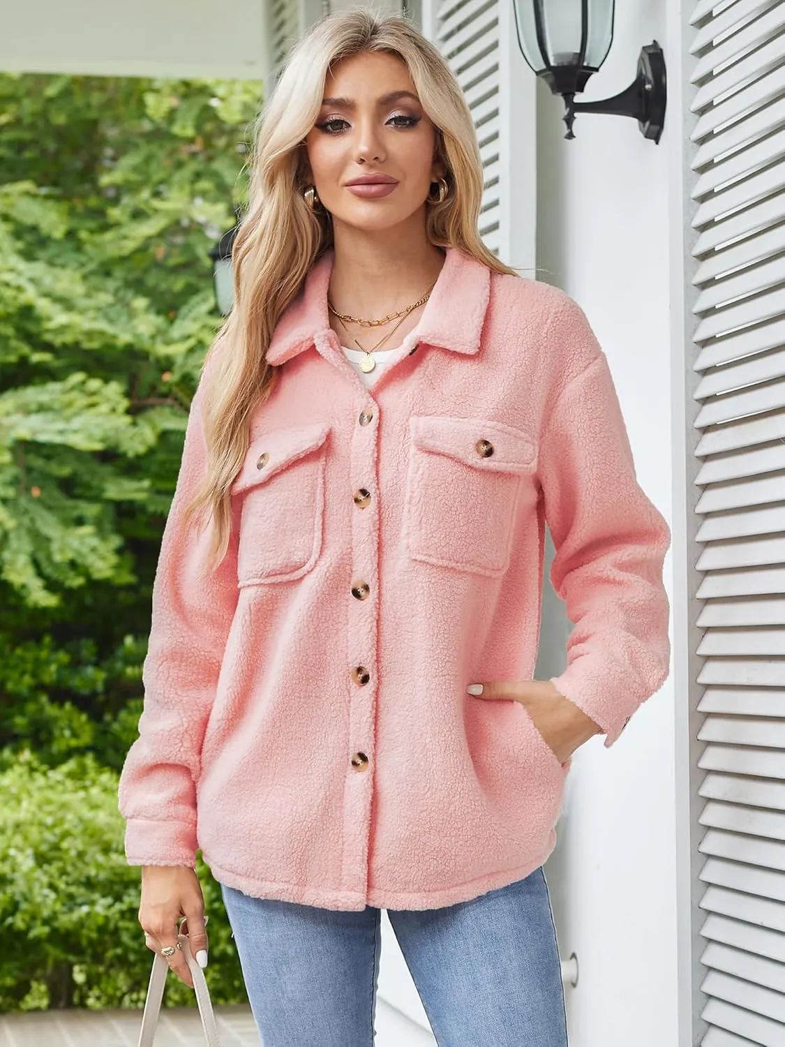 ZAFUL Womens Winter Sherpa Fleece Jacket Button Down Long Sleeve Warm Fuzzy Outwear Coat with Pockets