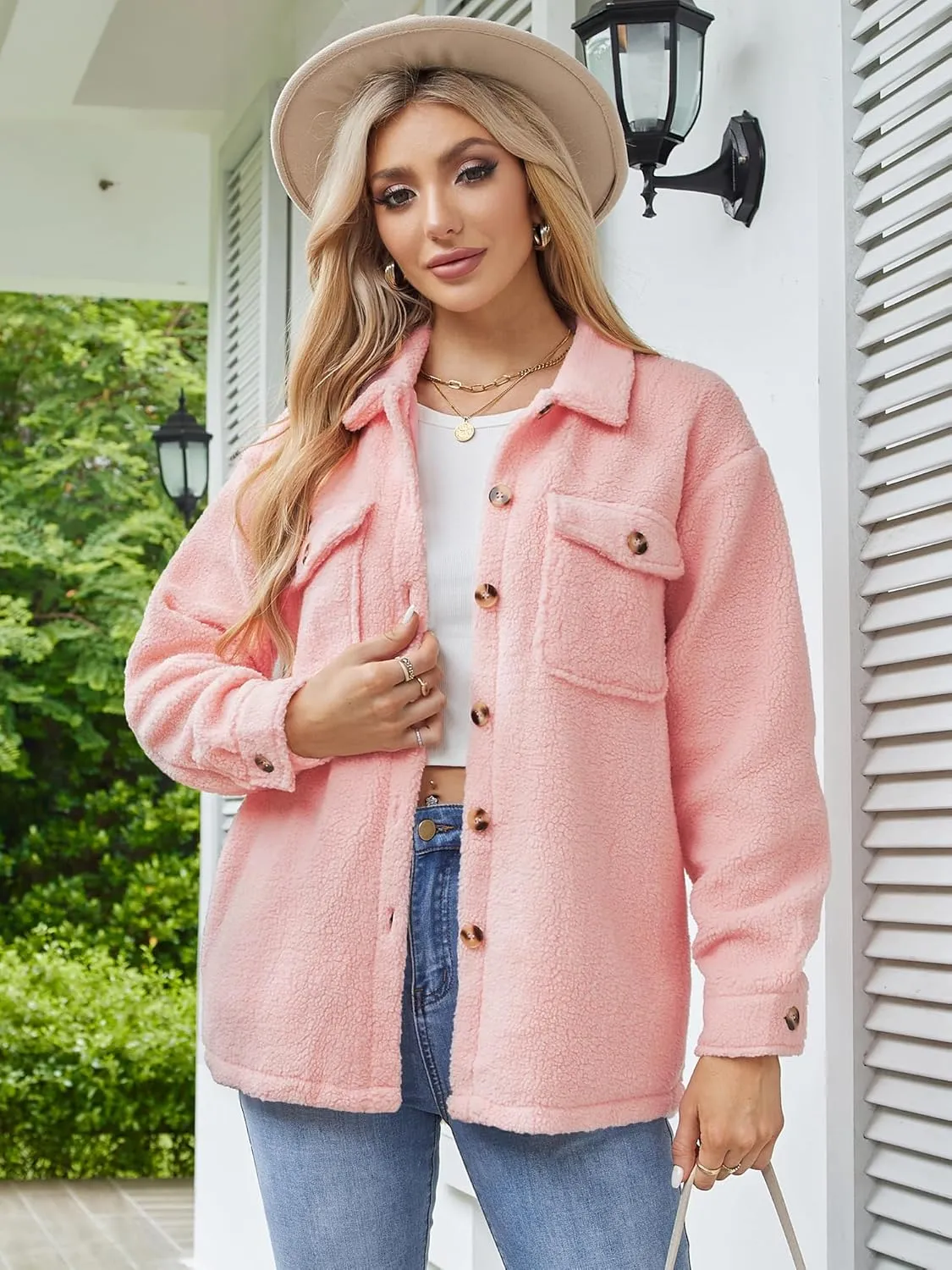 ZAFUL Womens Winter Sherpa Fleece Jacket Button Down Long Sleeve Warm Fuzzy Outwear Coat with Pockets