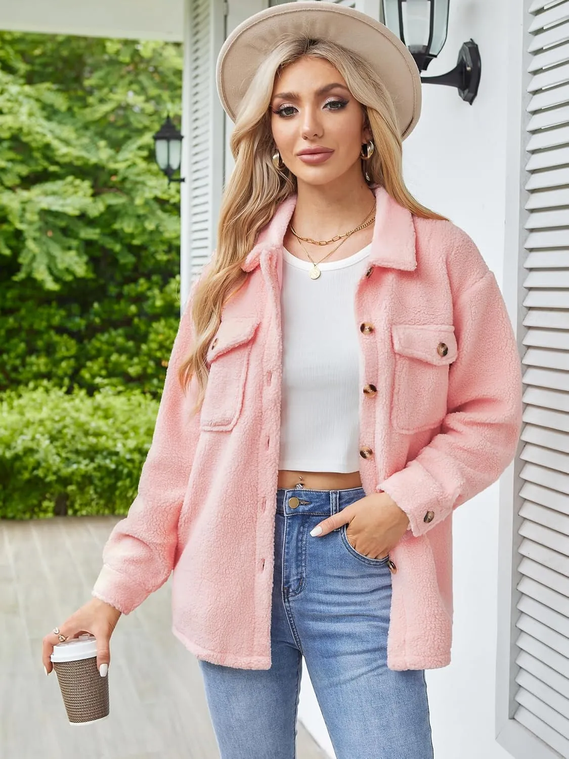 ZAFUL Womens Winter Sherpa Fleece Jacket Button Down Long Sleeve Warm Fuzzy Outwear Coat with Pockets